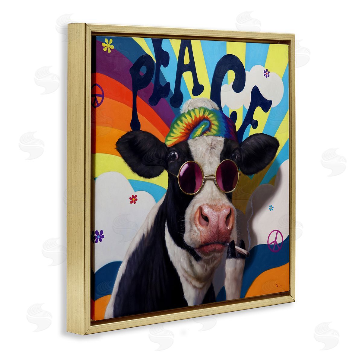 Lucia Heffernan Peace 70s Hippie Cow  Gold Floating Frame Canvas Wall Art Print
