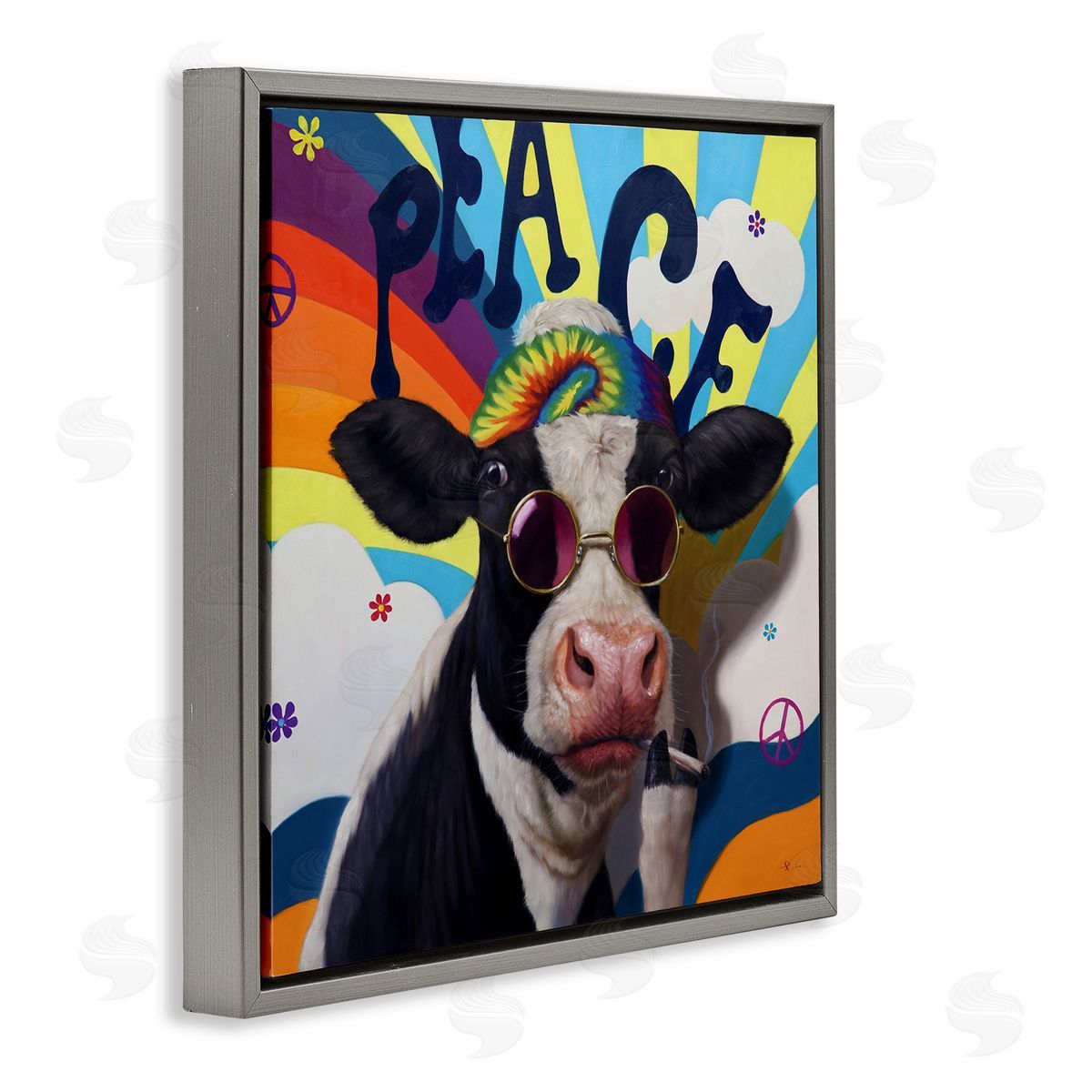 Lucia Heffernan Peace 70s Hippie Cow  Gray Floating Frame Canvas Wall Art Print