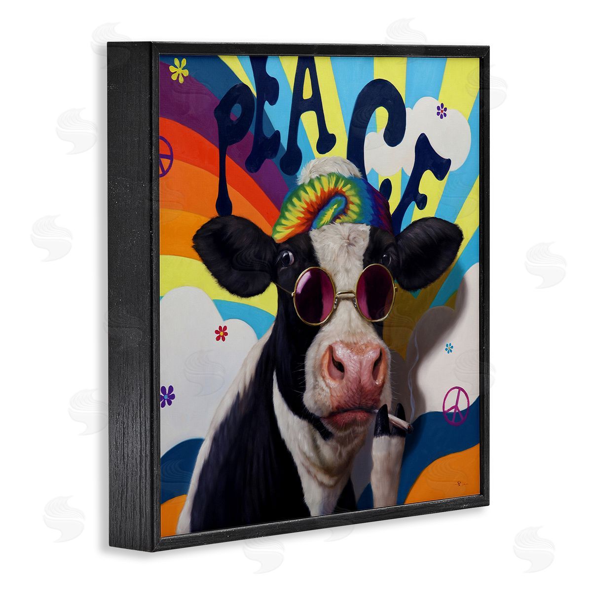 Lucia Heffernan Peace 70s Hippie Cow  Black Framed Glicee Wall Art Print