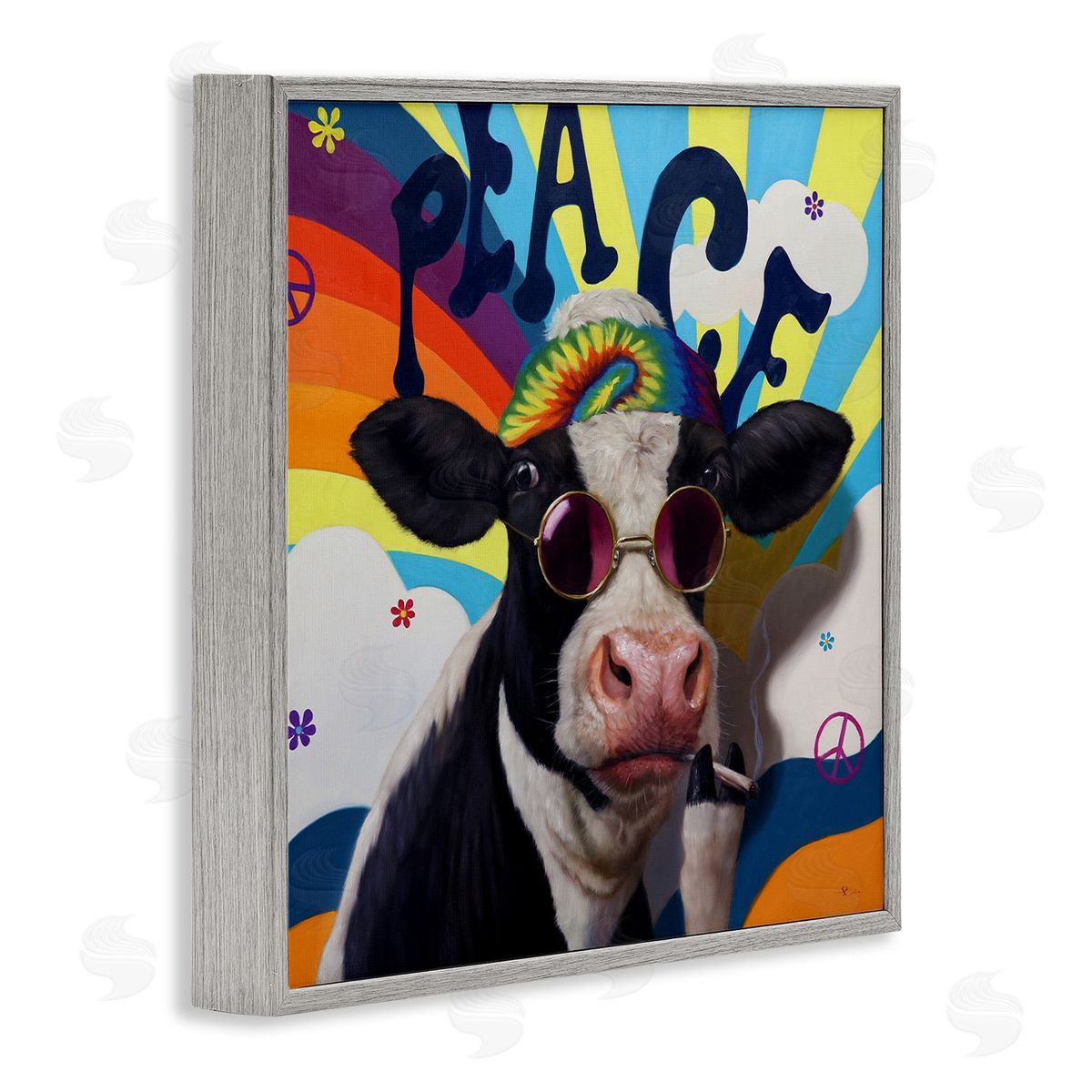 Lucia Heffernan Peace 70s Hippie Cow  Gray Framed Glicee Wall Art Print