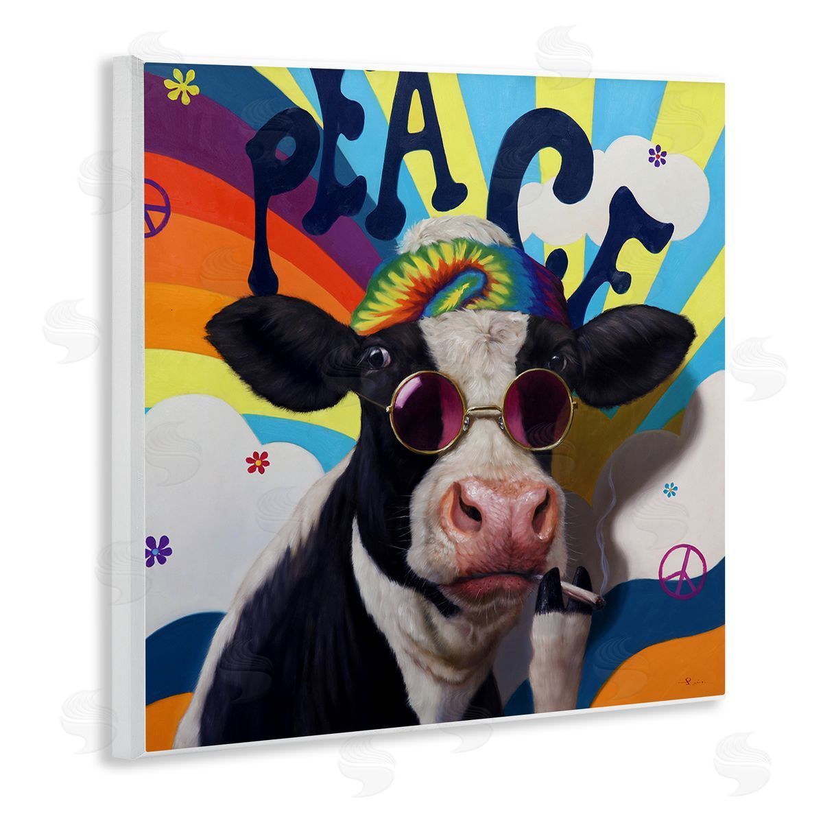 Lucia Heffernan Peace 70s Hippie Cow  Wooden Wall Plaque Art Print