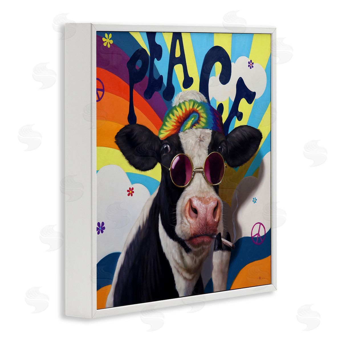 Lucia Heffernan Peace 70s Hippie Cow  White Framed Glicee Wall Art Print
