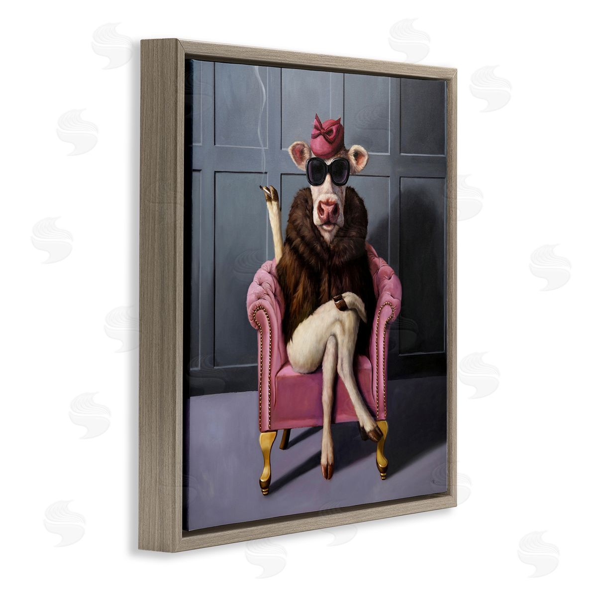 Trendy Pink Glam Cow Brown Floating Frame Canvas Wall Art, Home Decor by Lucia Heffernan