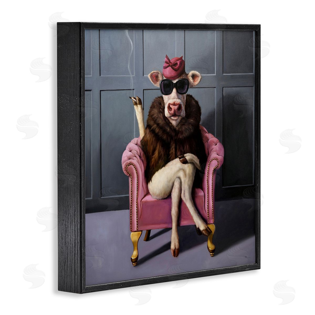 Trendy Pink Glam Cow Black Frame Print Wall Art, Home Decor by Lucia Heffernan