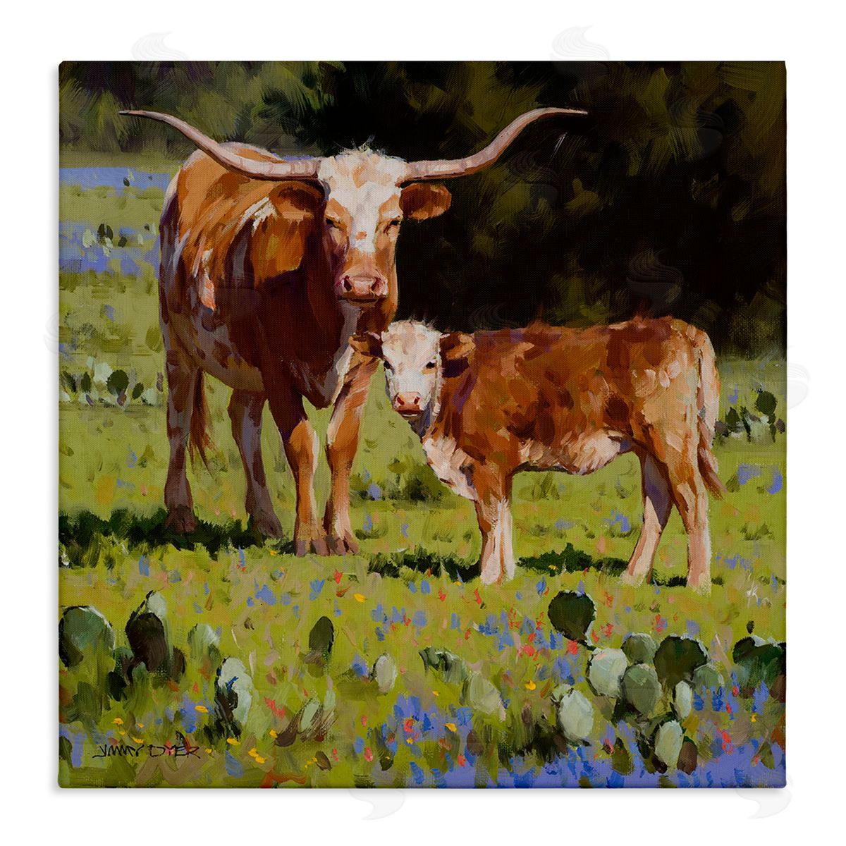 Jimmy Dyer Baby Calf Longhorn Cattle Scene Stretched Canvas Wall Art Print