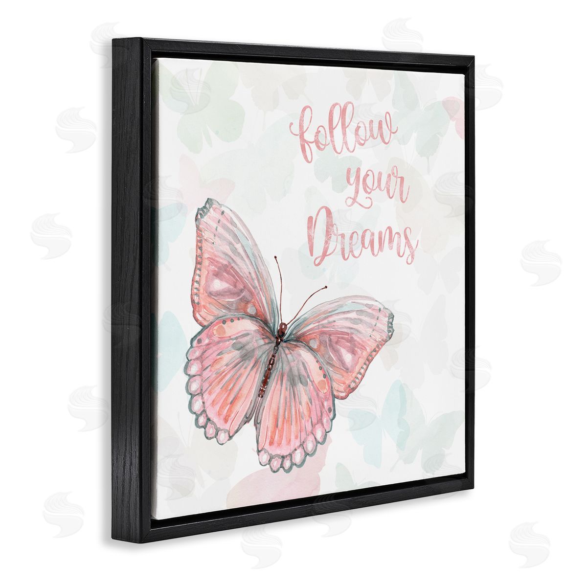 Follow Your Dreams Pink Butterfly Black Floating Frame Canvas Wall Art, Home Decor by Carol Robinson