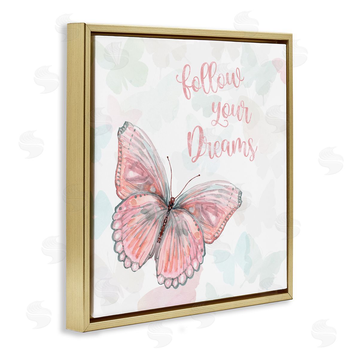 Follow Your Dreams Pink Butterfly Gold Floating Frame Canvas Wall Art, Home Decor by Carol Robinson