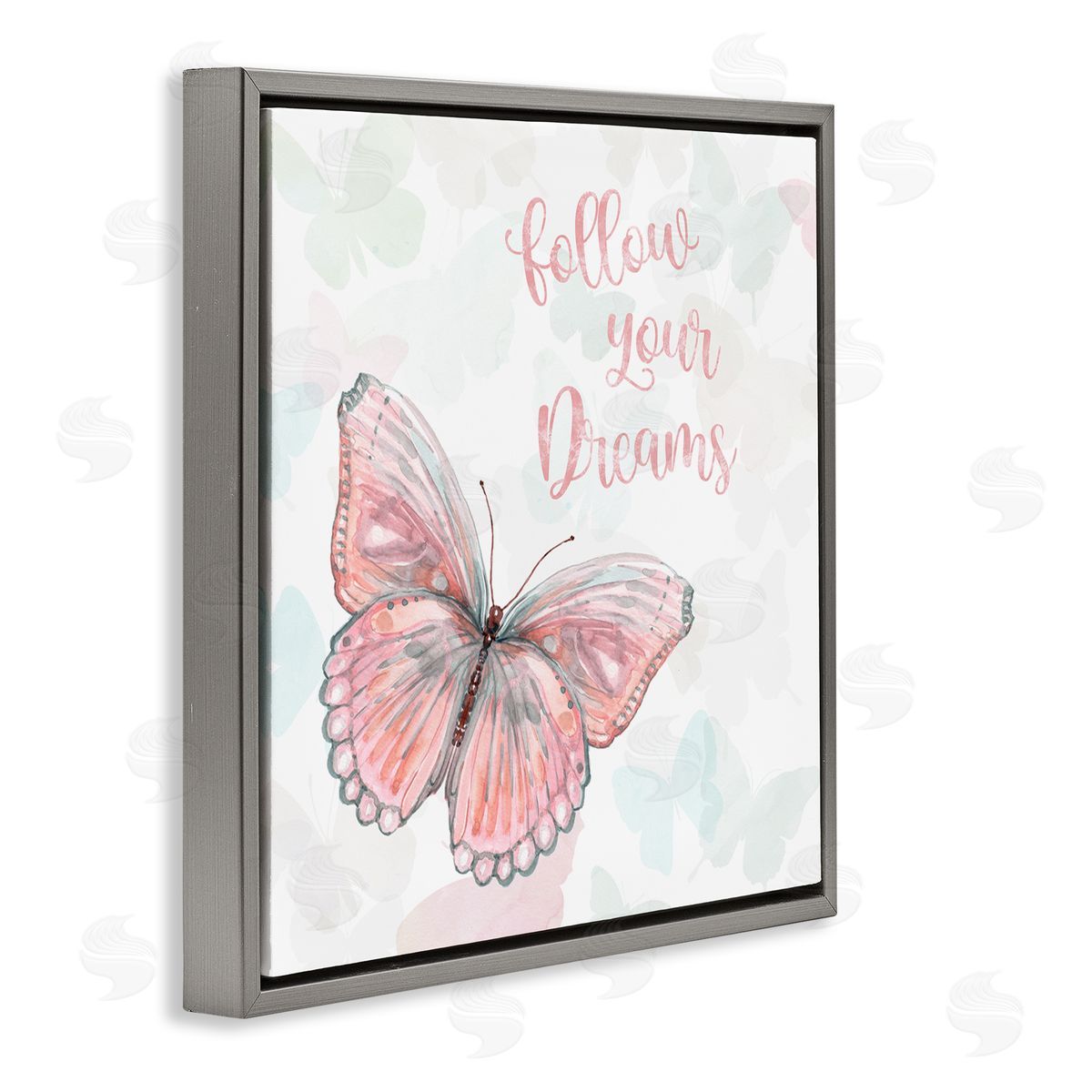 Follow Your Dreams Pink Butterfly Grey Floating Frame Canvas Wall Art, Home Decor by Carol Robinson