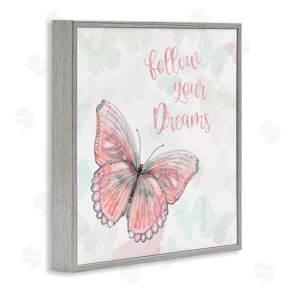 Follow Your Dreams Pink Butterfly Grey Frame Print Wall Art, Home Decor by Carol Robinson
