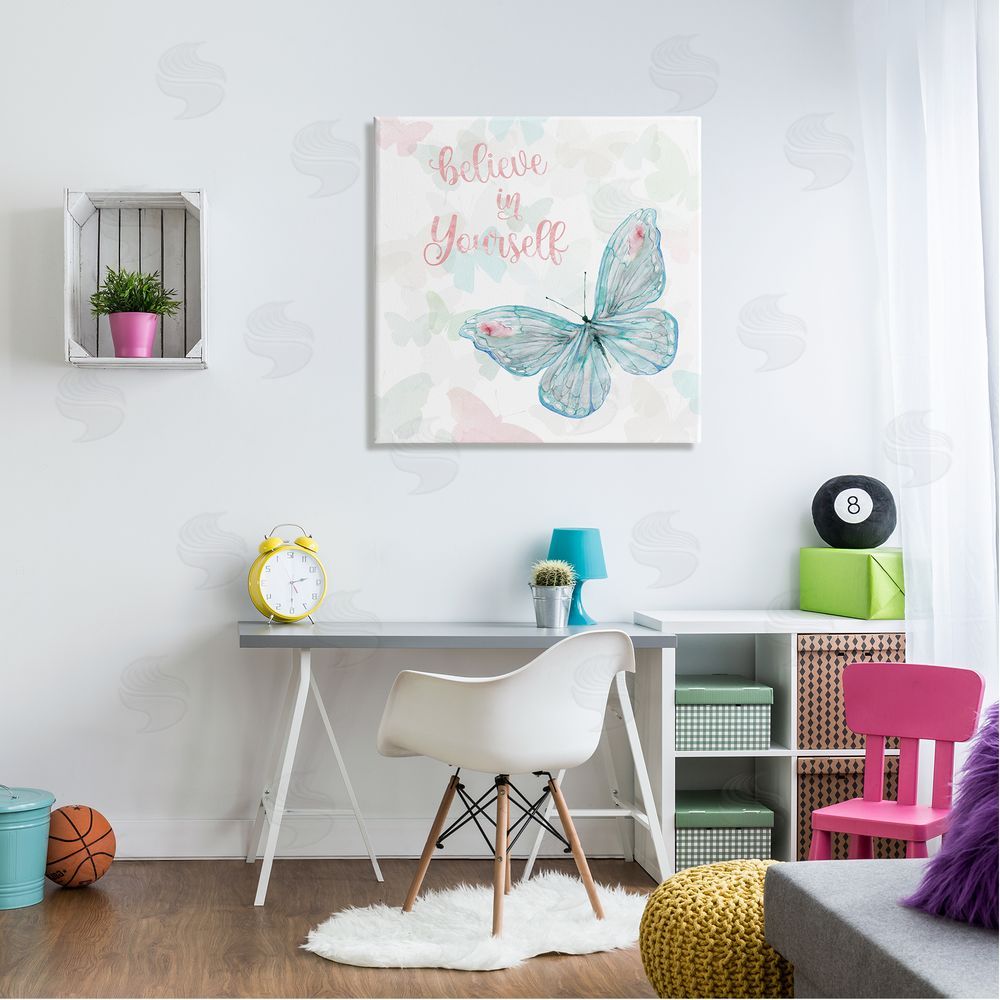 Carol Robinson Believe In Yourself Butterfly Phrase Canvas Wall Art in Room
