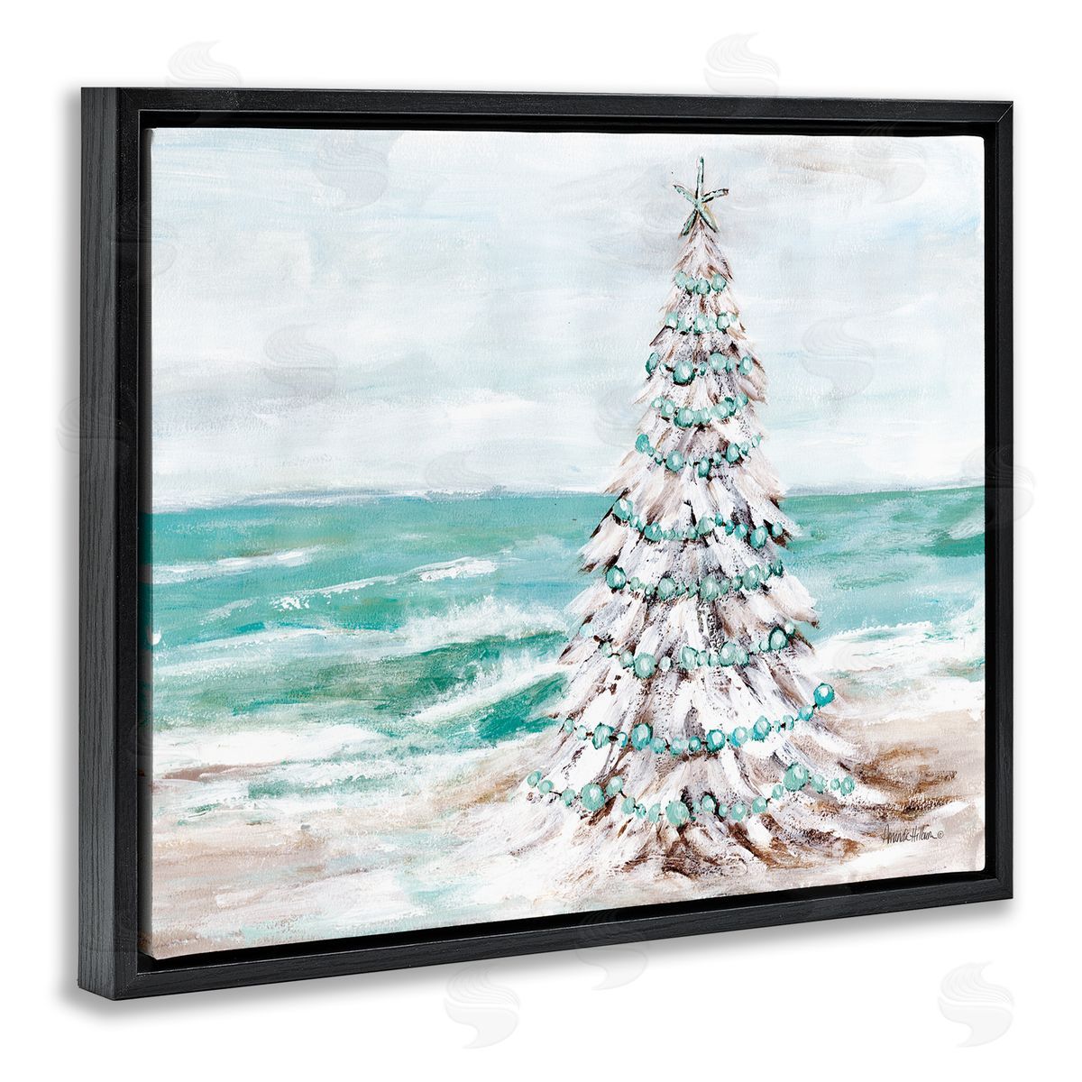 Snowy Christmas Tree on Beach Black Floating Frame Canvas Wall Art, Home Decor by Amanda Hilburn