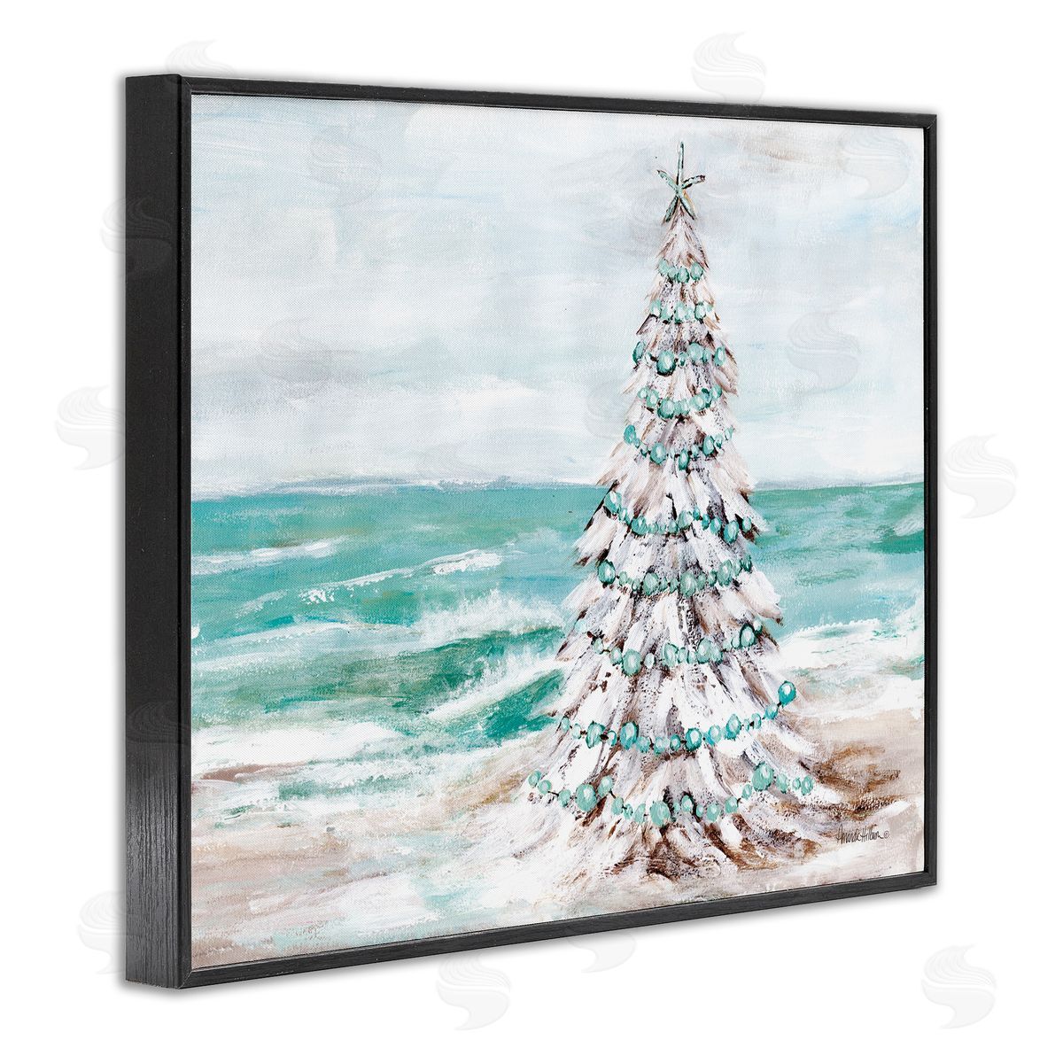 Snowy Christmas Tree on Beach Black Frame Print Wall Art, Home Decor by Amanda Hilburn
