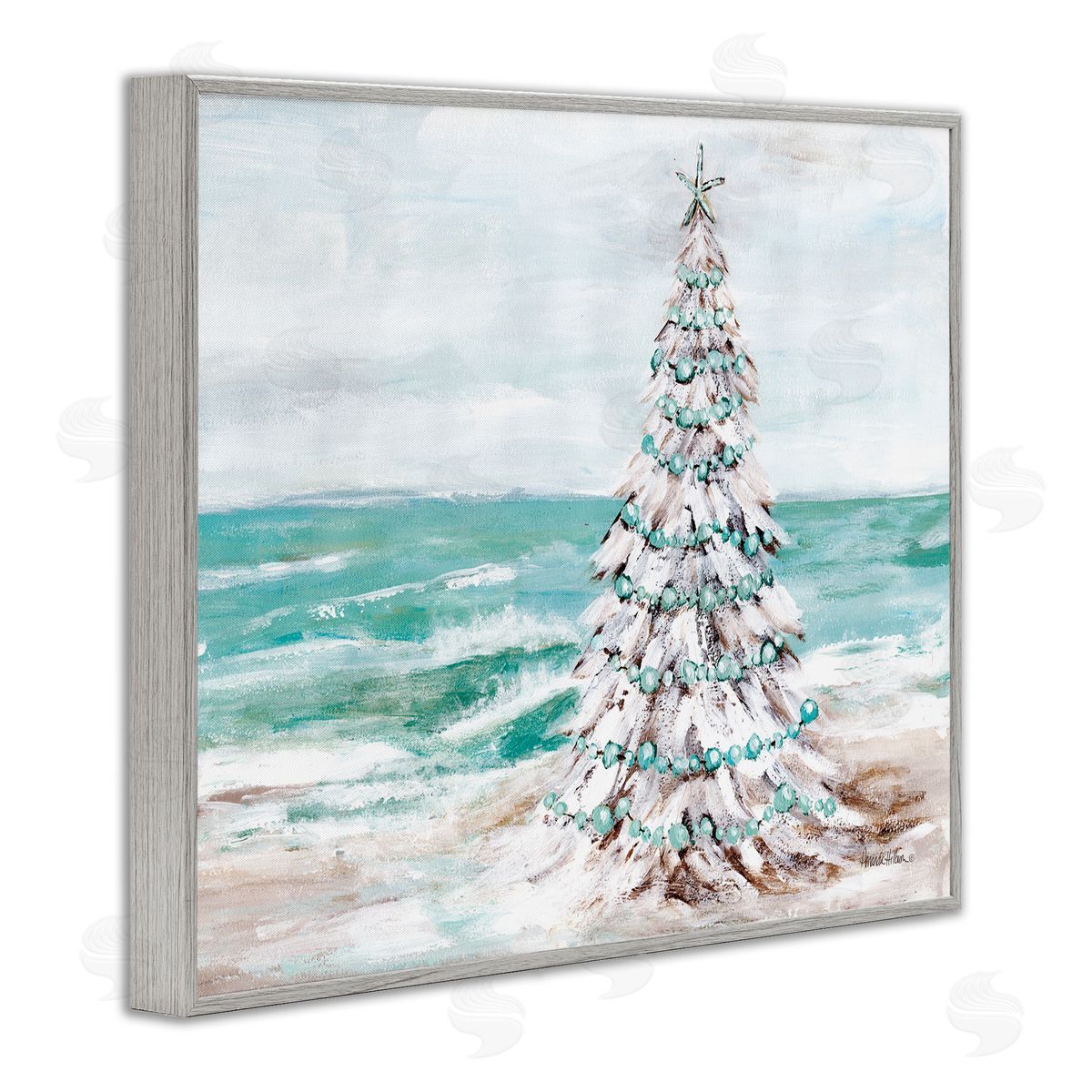 Snowy Christmas Tree on Beach Grey Frame Print Wall Art, Home Decor by Amanda Hilburn