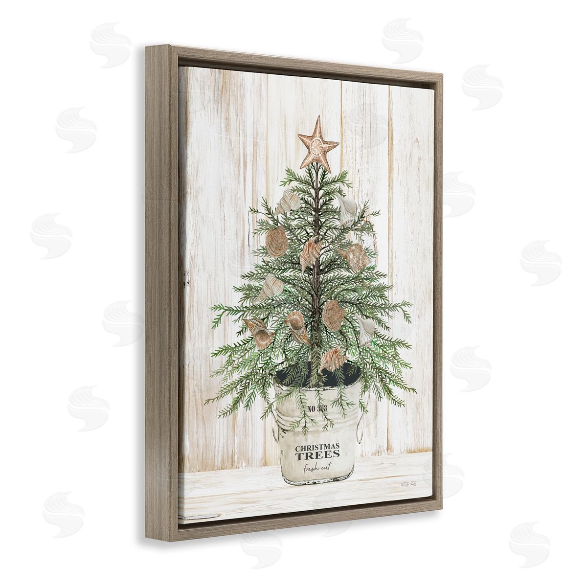 Rustic Seashell Christmas Tree Brown Floating Frame Canvas Wall Art, Home Decor by Cindy Jacobs