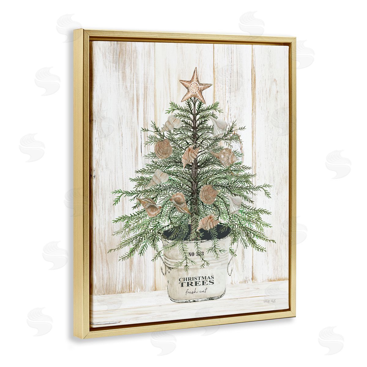 Rustic Seashell Christmas Tree Gold Floating Frame Canvas Wall Art, Home Decor by Cindy Jacobs