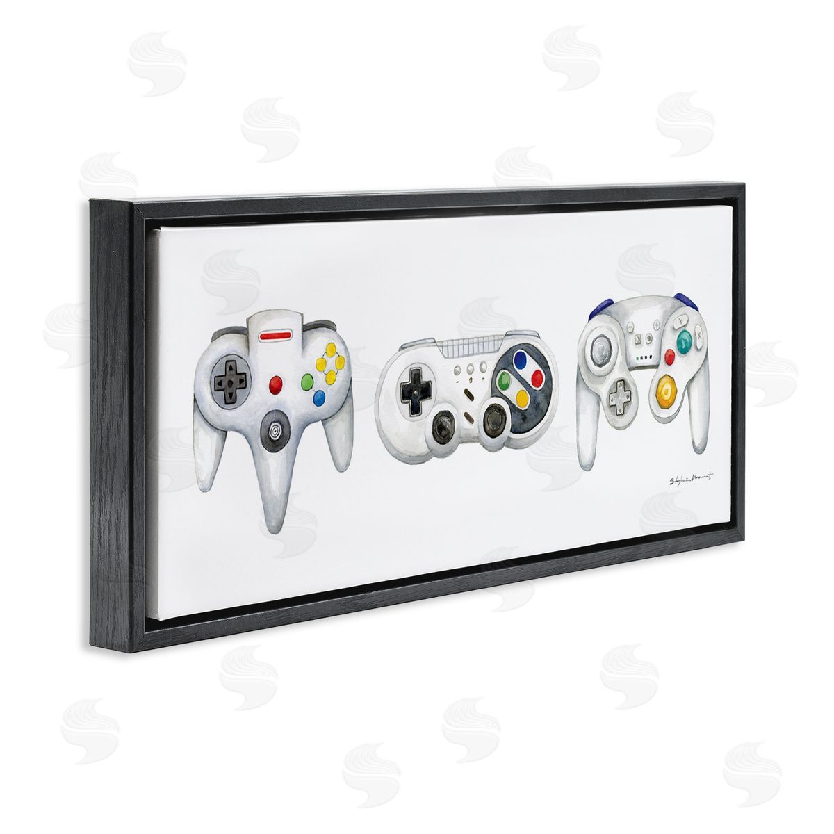 Vintage Video Game Controllers Black Floating Frame Canvas Wall Art, Home Decor by Stephanie Workman Marrott