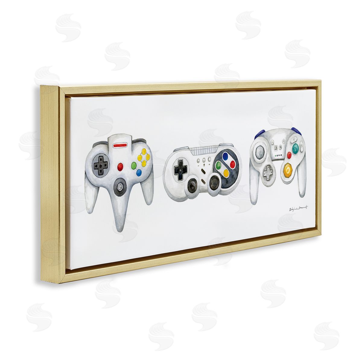 Vintage Video Game Controllers Gold Floating Frame Canvas Wall Art, Home Decor by Stephanie Workman Marrott
