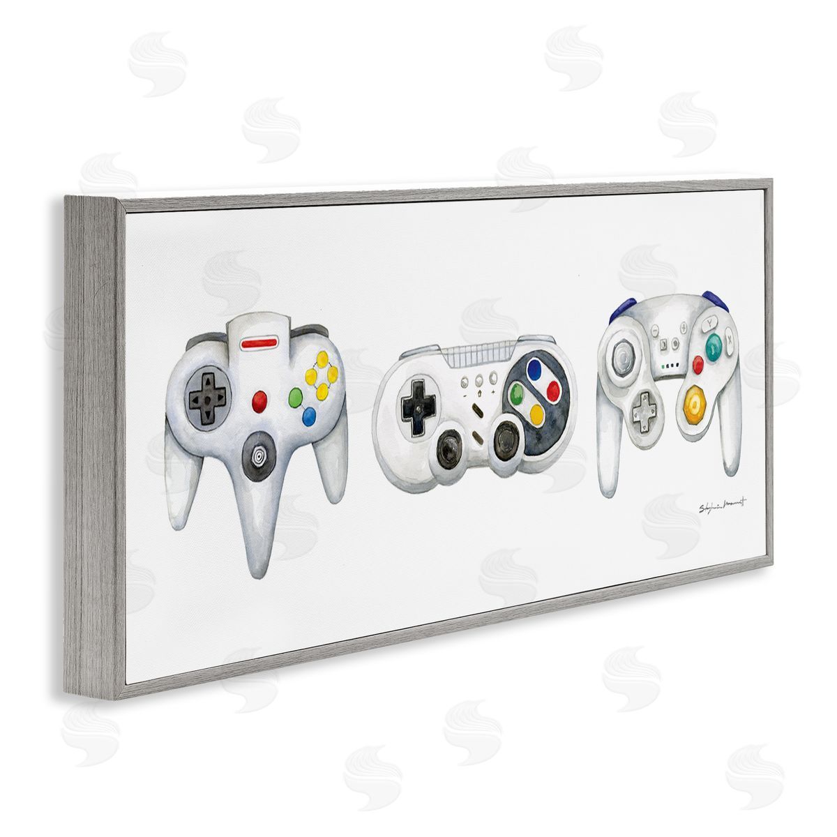 Vintage Video Game Controllers Grey Frame Print Wall Art, Home Decor by Stephanie Workman Marrott