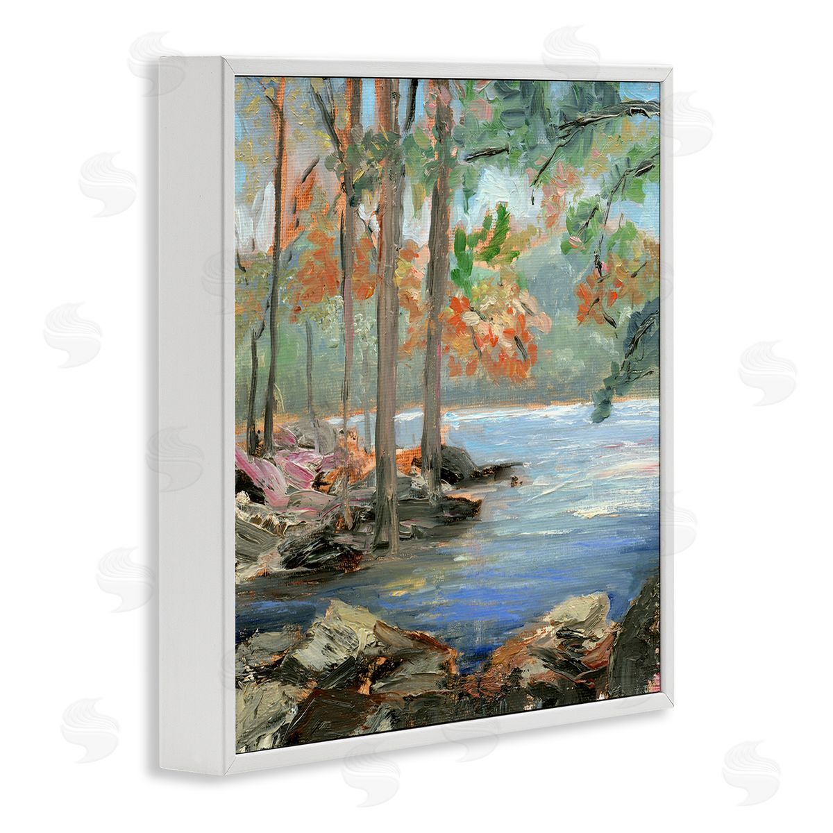 Woodland Creek Looming Trees White Frame Print Wall Art, Home Decor by Sandra Iafrate 