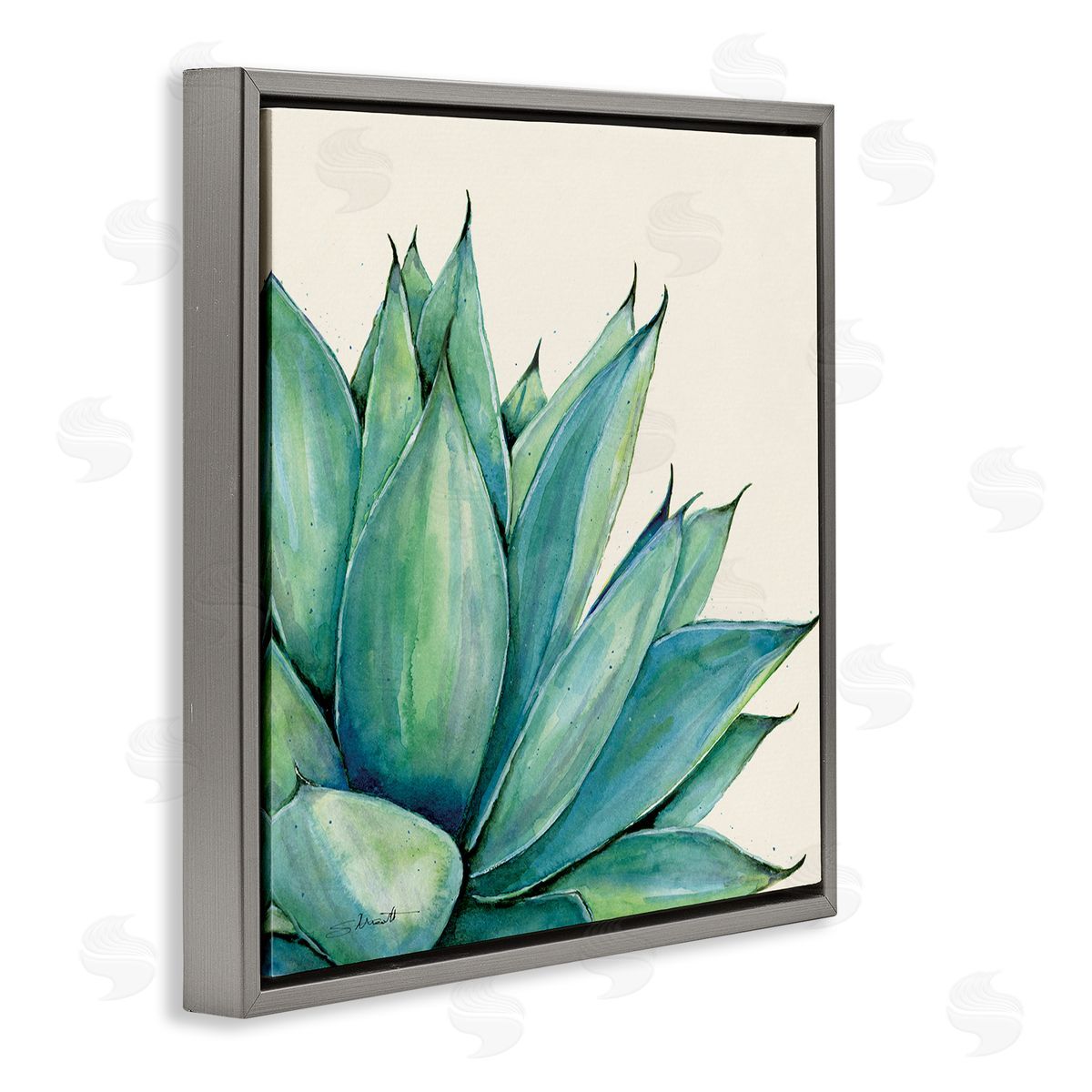 Stephanie Workman Marrott Aloe Plant Watercolor Style Leaves Gray Floating Frame Canvas Wall Art Print