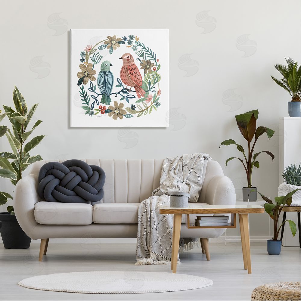 Cherish Flieder Birds Perched Natural Floral Wreath Canvas Wall Art in Room