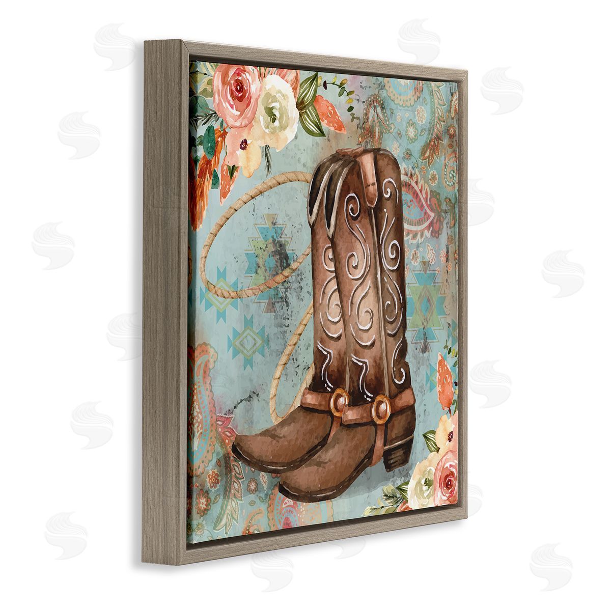 Cowboy Boots Western Paisley Florals Brown Floating Frame Canvas Wall Art, Home Decor by ND Art