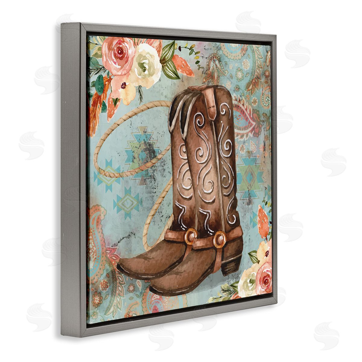 Cowboy Boots Western Paisley Florals Grey Floating Frame Canvas Wall Art, Home Decor by ND Art