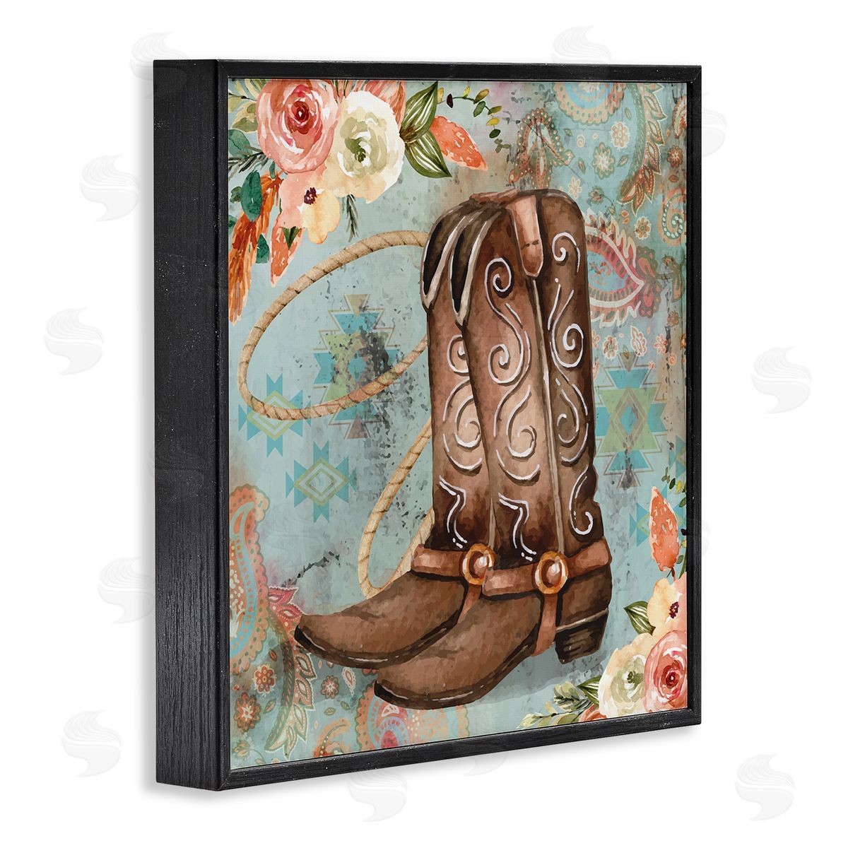 Cowboy Boots Western Paisley Florals Black Frame Print Wall Art, Home Decor by ND Art