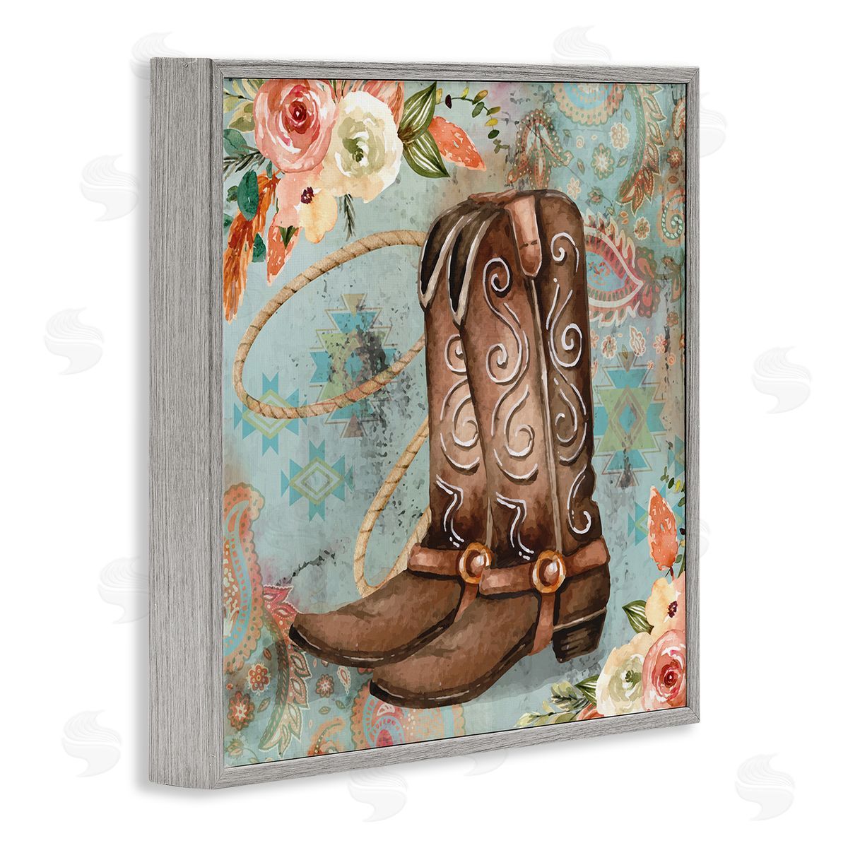 Cowboy Boots Western Paisley Florals Grey Frame Print Wall Art, Home Decor by ND Art