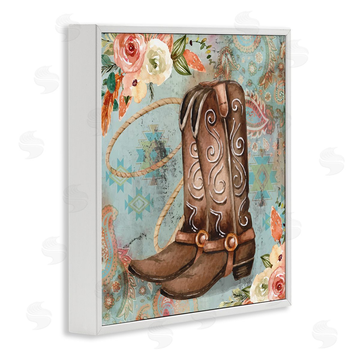 Cowboy Boots Western Paisley Florals White Frame Print Wall Art, Home Decor by ND Art