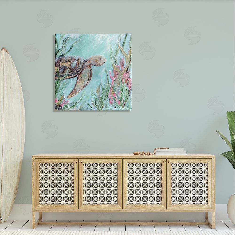 Amanda Hilburn Underwater Sea Turtle Swimming Coral Canvas Wall Art in Room
