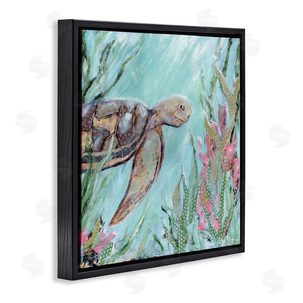 Amanda Hilburn Underwater Sea Turtle Swimming Coral Black Floating Frame Canvas Wall Art Print