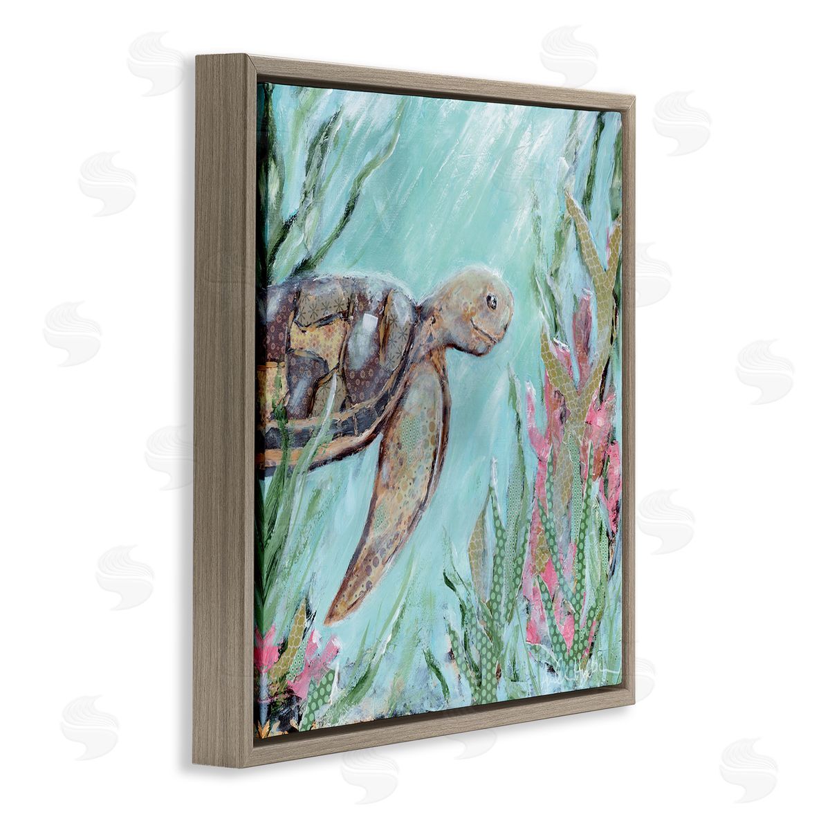 Amanda Hilburn Underwater Sea Turtle Swimming Coral Brown Floating Frame Canvas Wall Art Print