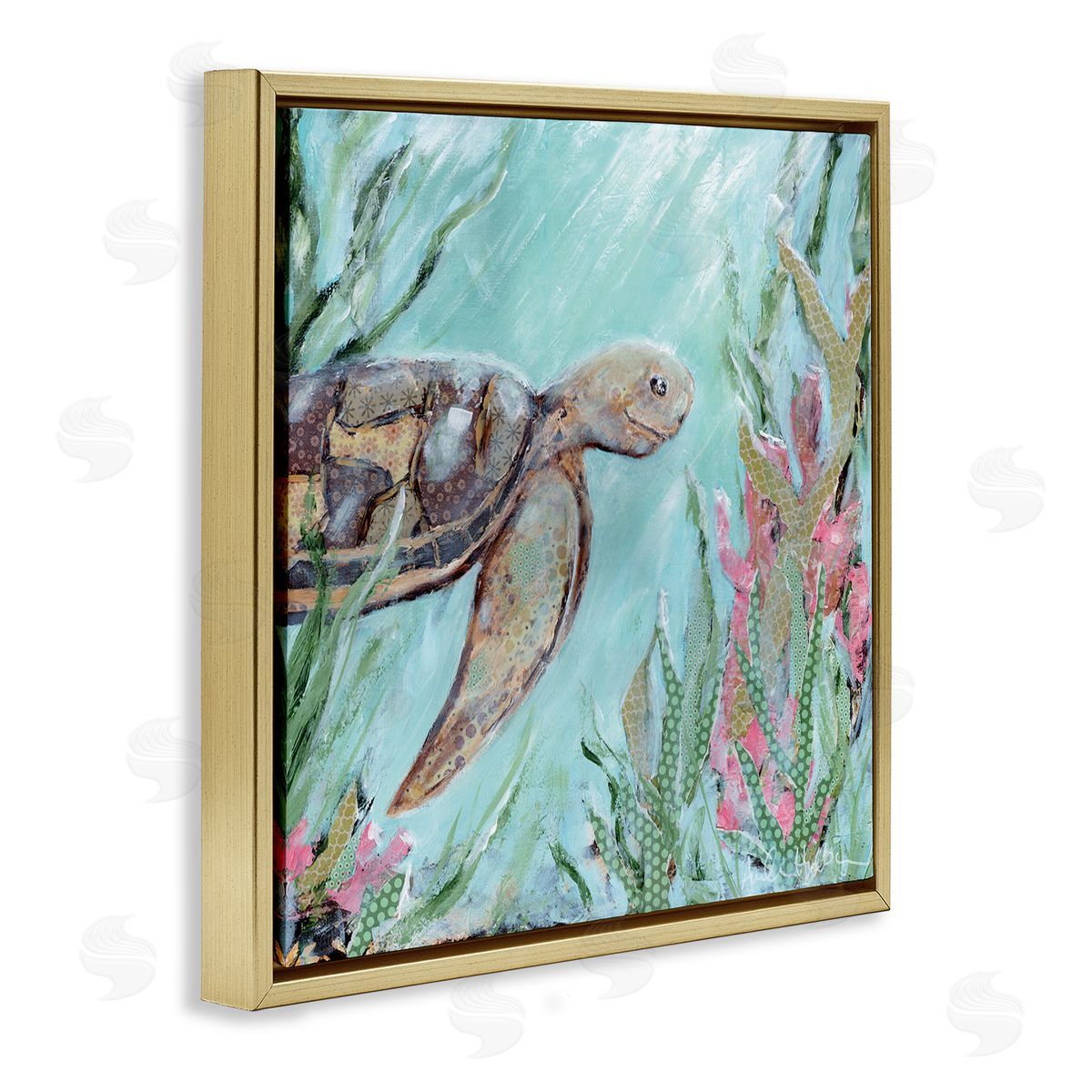 Amanda Hilburn Underwater Sea Turtle Swimming Coral Gold Floating Frame Canvas Wall Art Print