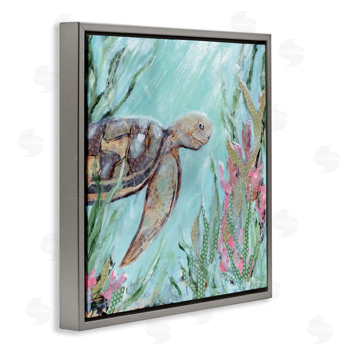 Amanda Hilburn Underwater Sea Turtle Swimming Coral Gray Floating Frame Canvas Wall Art Print