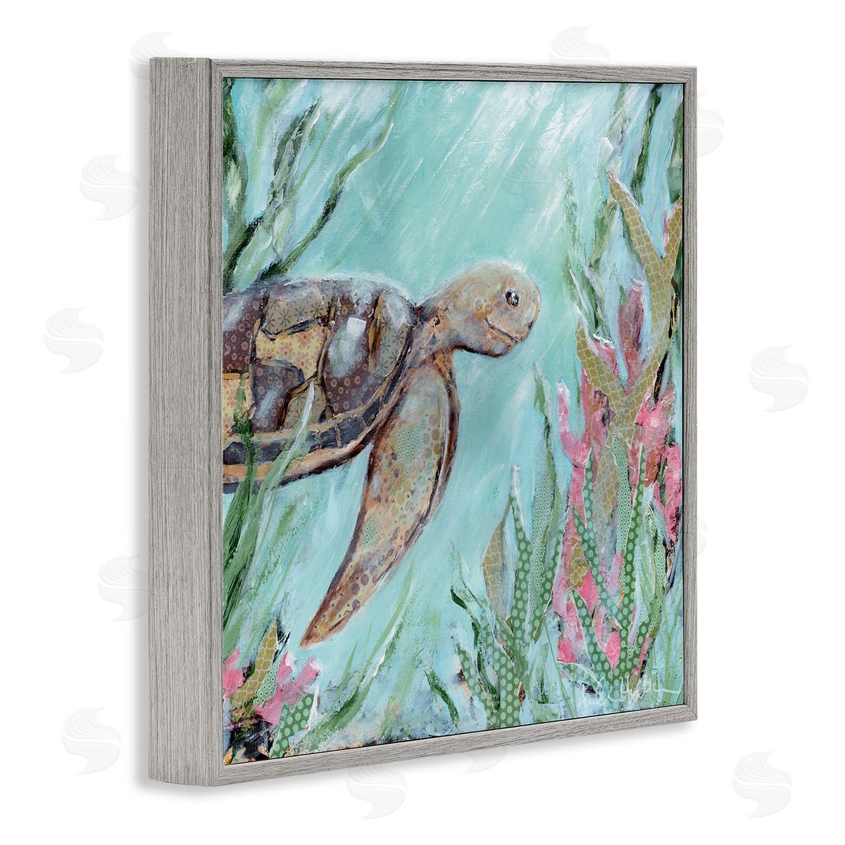 Amanda Hilburn Underwater Sea Turtle Swimming Coral Gray Framed Glicee Wall Art Print