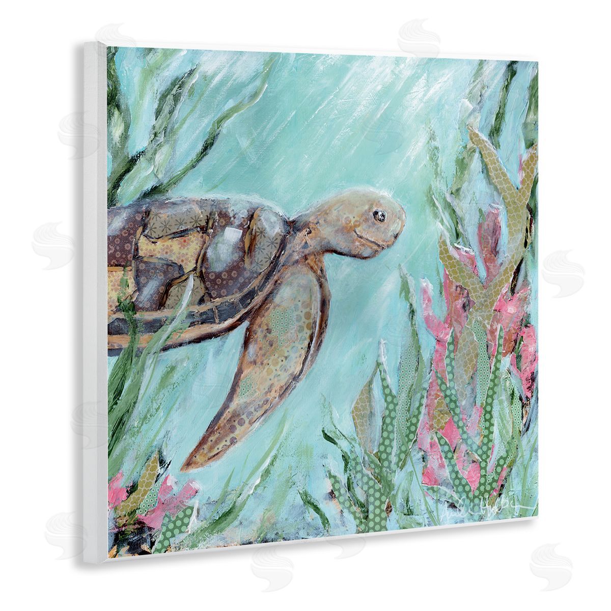 Amanda Hilburn Underwater Sea Turtle Swimming Coral Wooden Wall Plaque Art Print