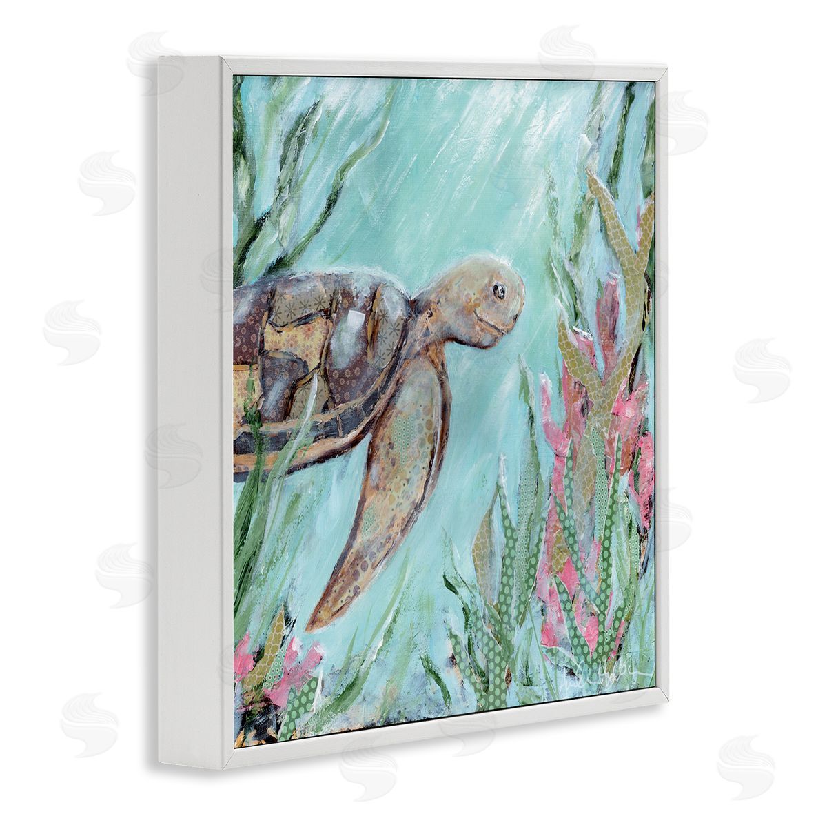 Amanda Hilburn Underwater Sea Turtle Swimming Coral White Framed Glicee Wall Art Print