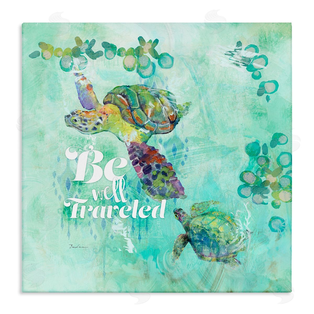 Evelia Designs Be Well Traveled Sea Turtle Swimming Stretched Canvas Wall Art Print