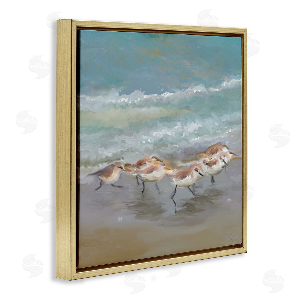 Rick Novak Nautical Sea Birds Shoreline Waves Gold Floating Frame Canvas Wall Art Print