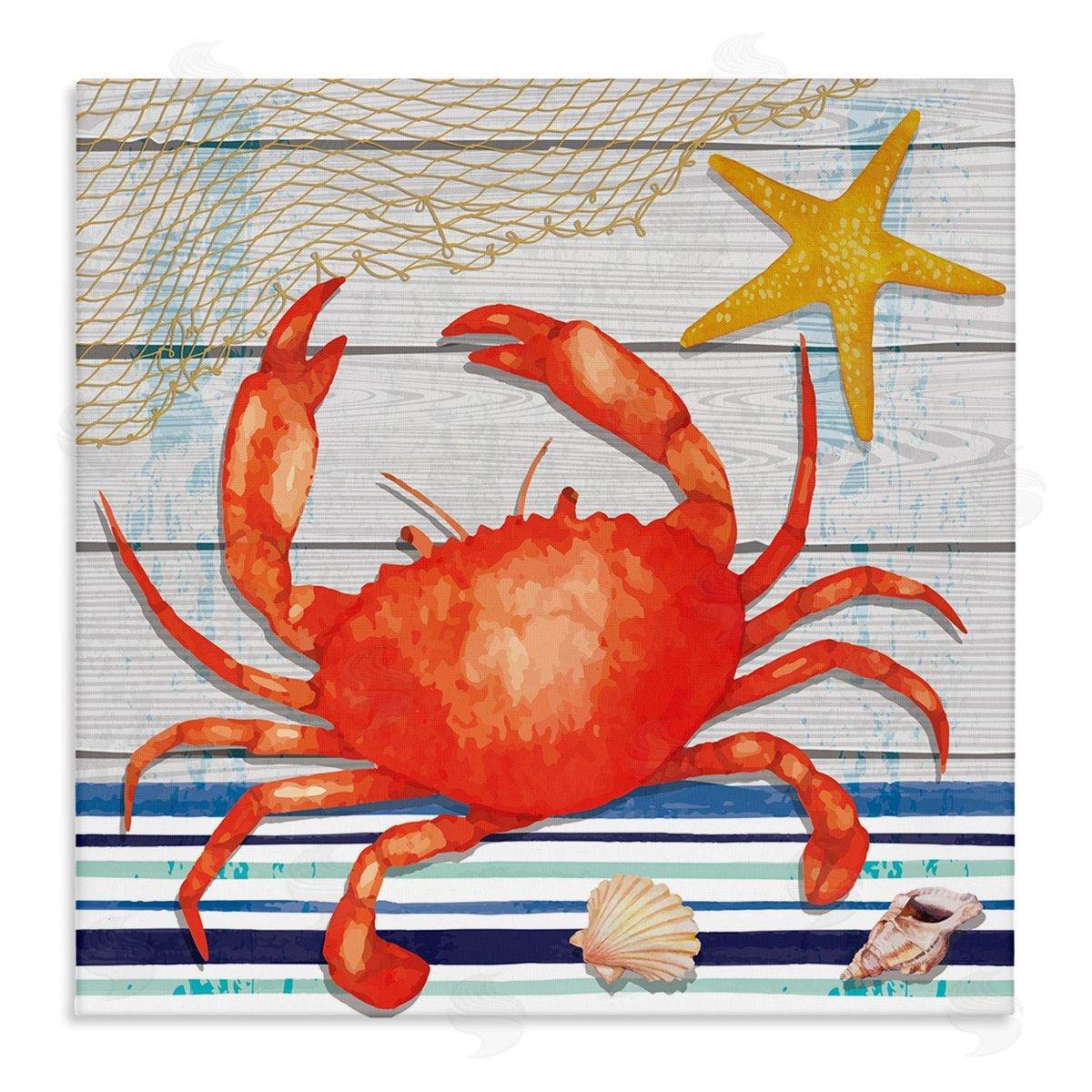 Nicole DeCamp Nautical Striped Red Crab Sea Life Stretched Canvas Wall Art Print