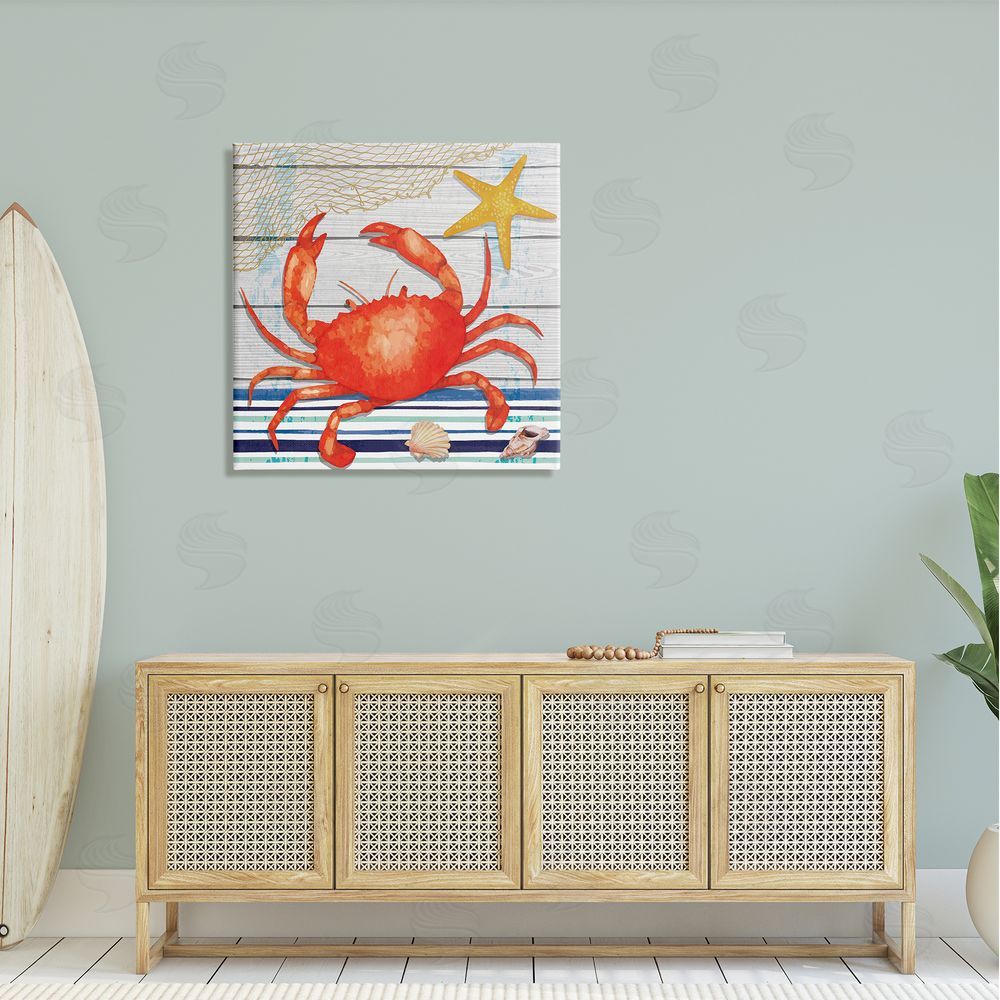 Nicole DeCamp Nautical Striped Red Crab Sea Life Canvas Wall Art in Room