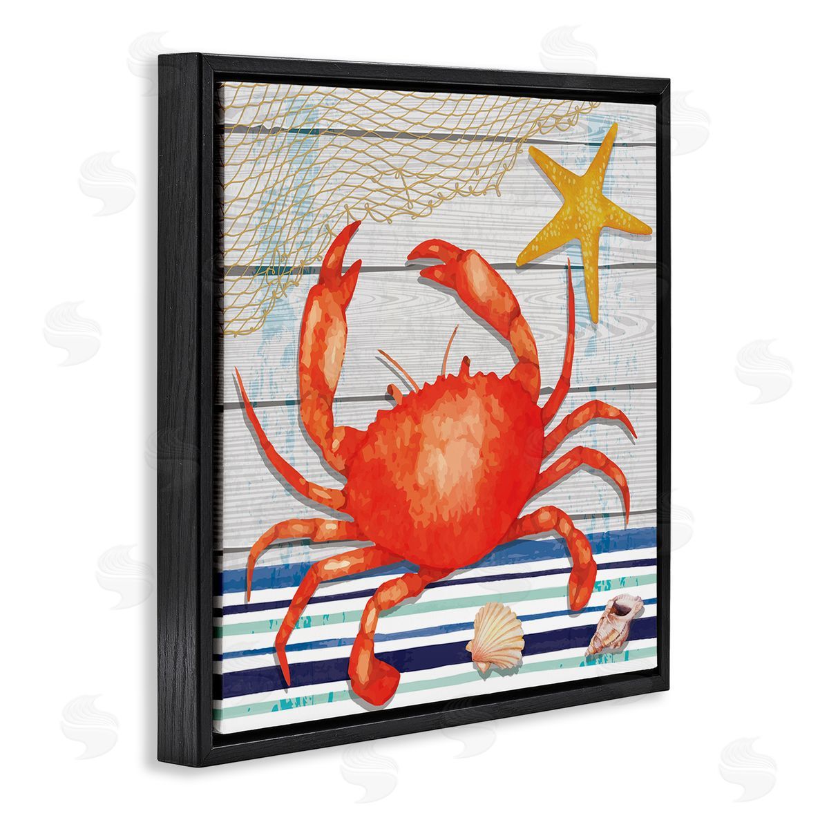 Nicole DeCamp Nautical Striped Red Crab Sea Life Black Floating Frame Canvas Wall Art Print