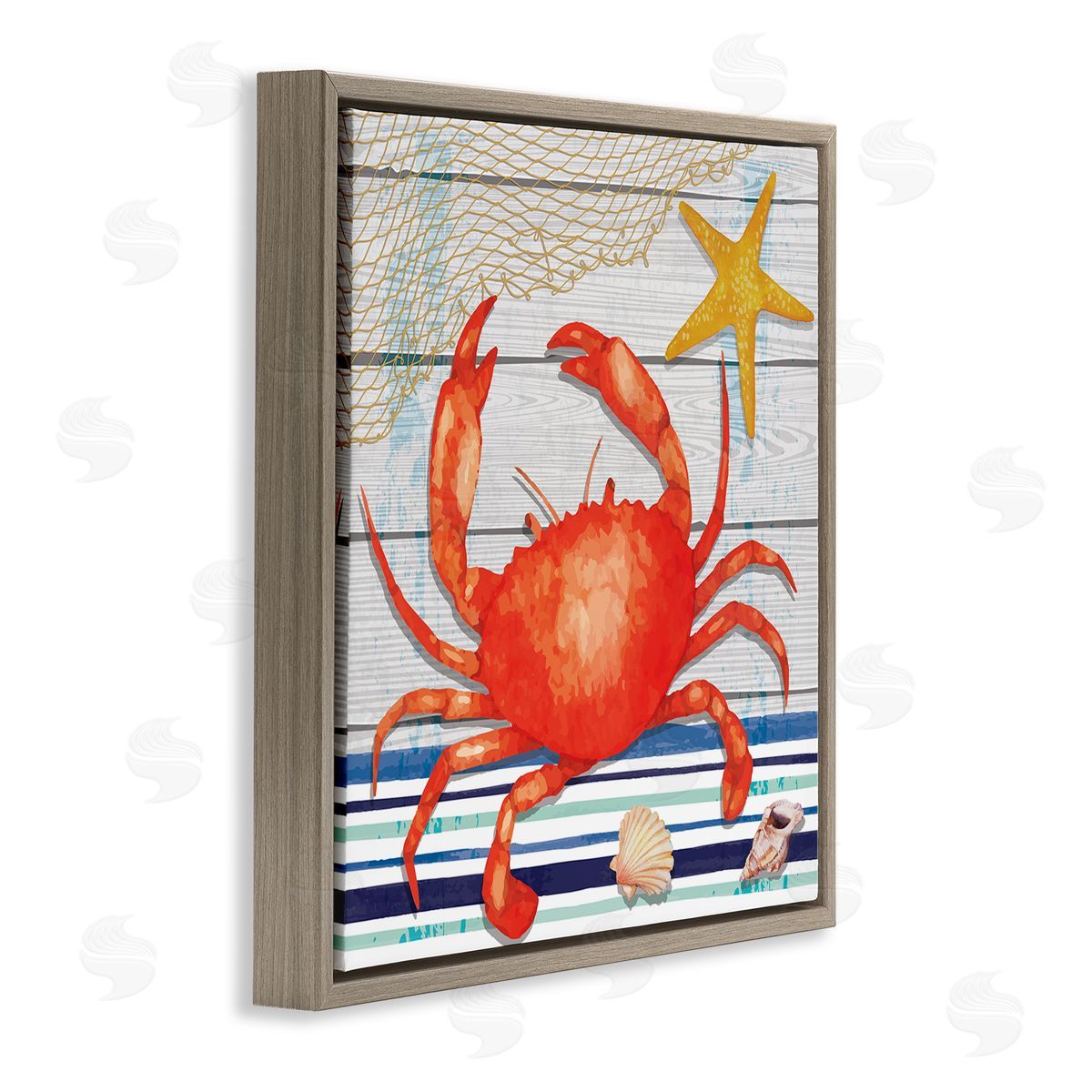 Nicole DeCamp Nautical Striped Red Crab Sea Life Brown Floating Frame Canvas Wall Art Print