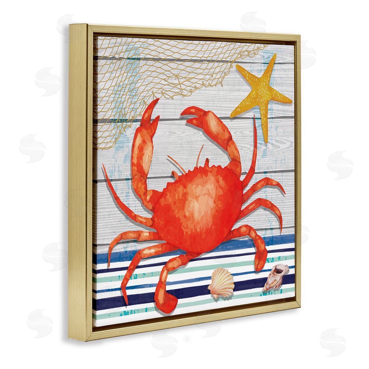 Nicole DeCamp Nautical Striped Red Crab Sea Life Gold Floating Frame Canvas Wall Art Print