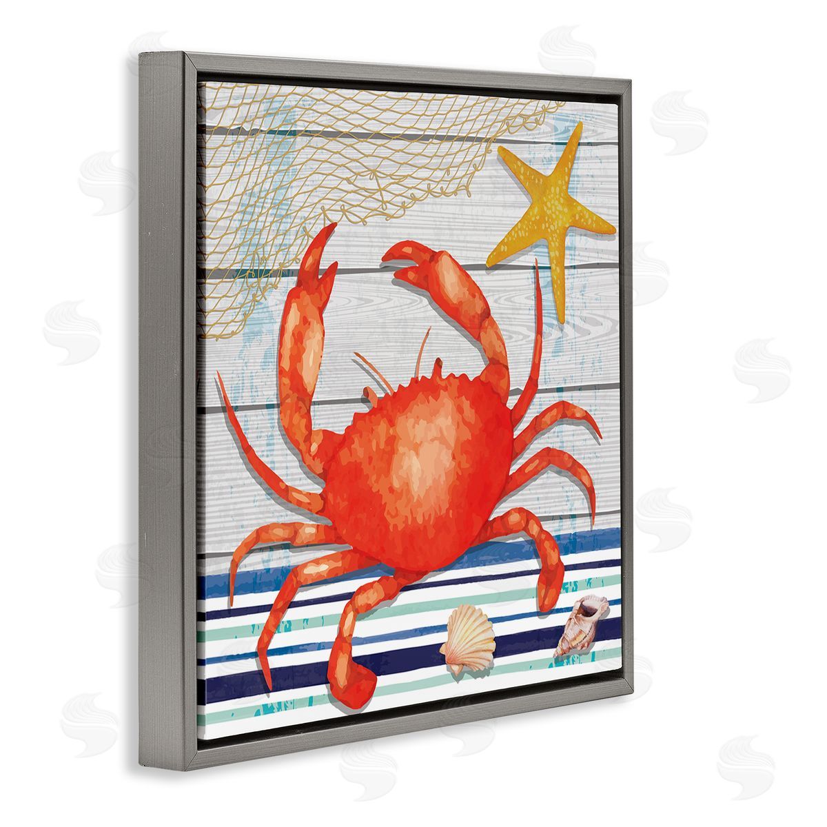 Nicole DeCamp Nautical Striped Red Crab Sea Life Gray Floating Frame Canvas Wall Art Print