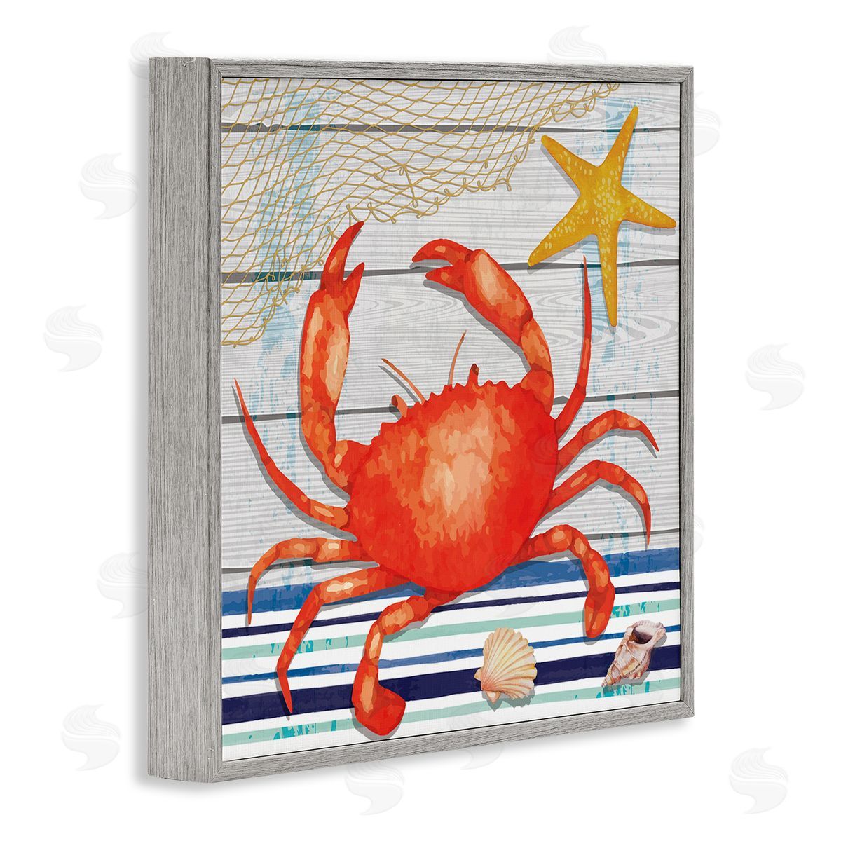 Nicole DeCamp Nautical Striped Red Crab Sea Life Gray Framed Glicee Wall Art Print