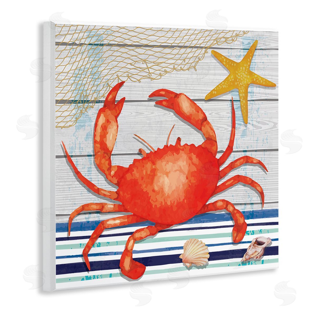 Nicole DeCamp Nautical Striped Red Crab Sea Life Wooden Wall Plaque Art Print