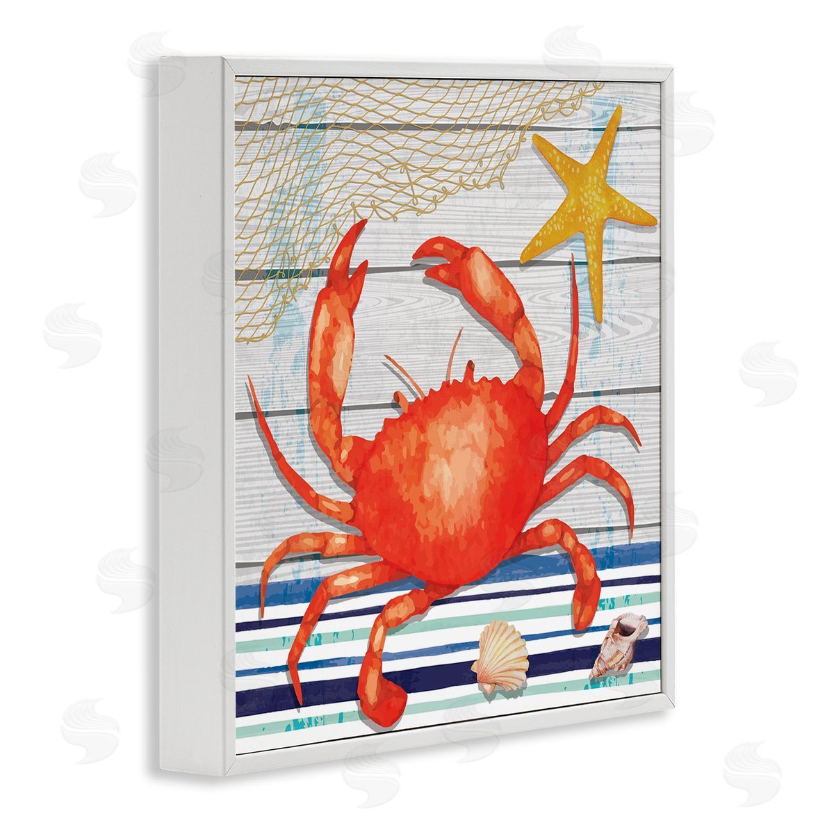 Nicole DeCamp Nautical Striped Red Crab Sea Life White Framed Glicee Wall Art Print