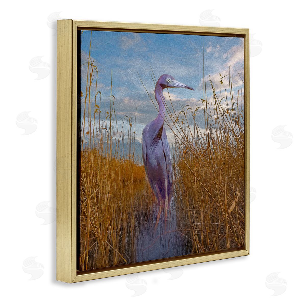 Steve Hunziker Egret Beach Reeds Coastal Grasses Gold Floating Frame Canvas Wall Art Print
